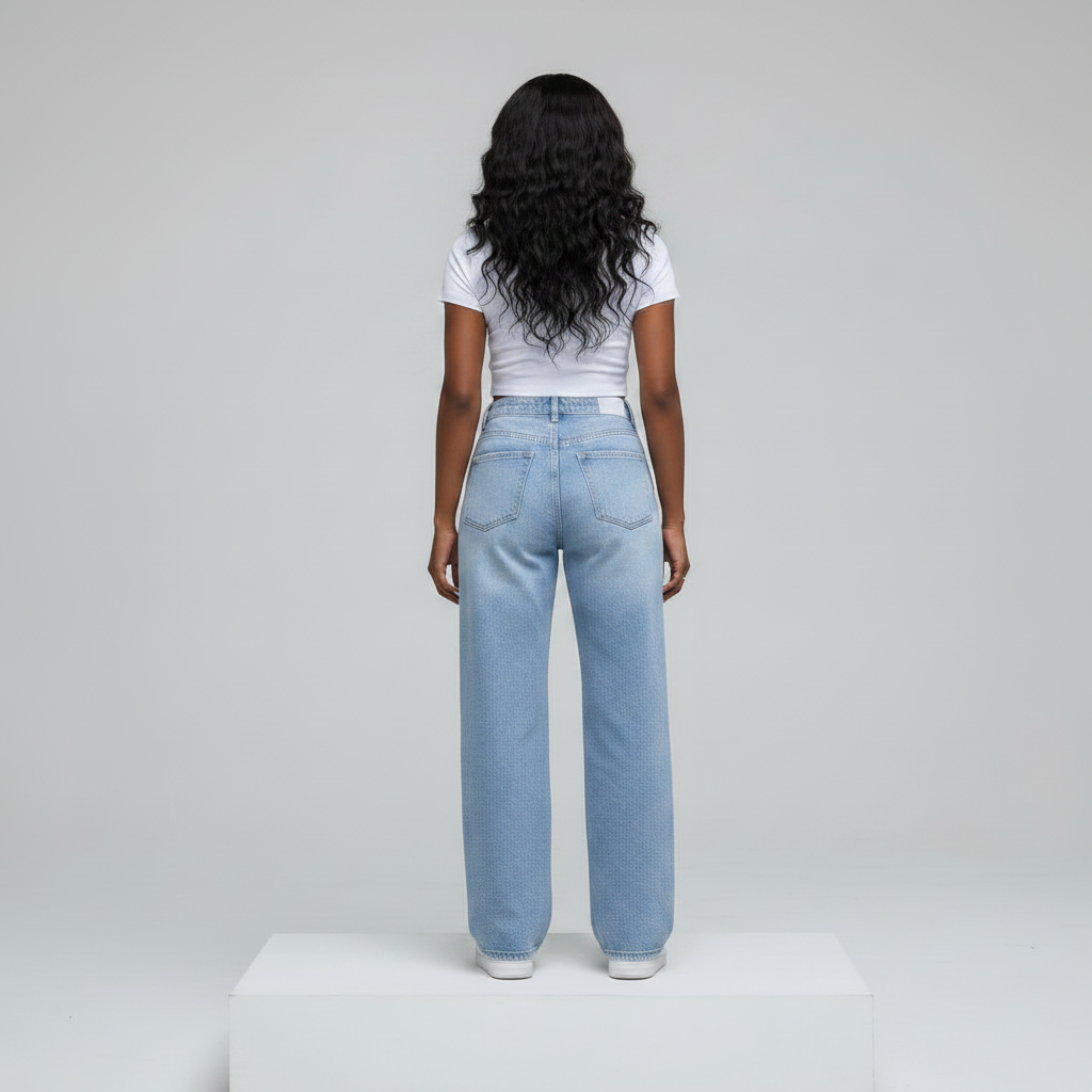 Ice Blue High-Waist Wide-Leg Jeans – Model Back