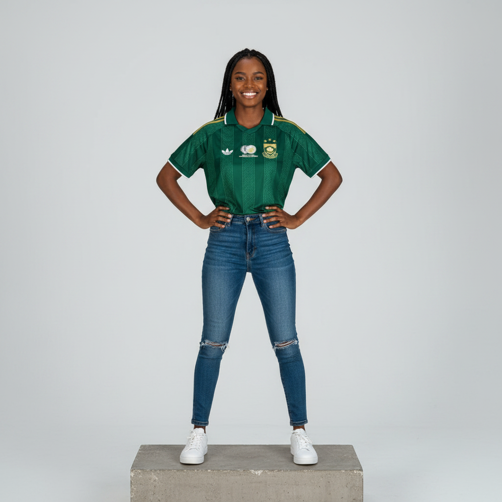 Nigerian female model wearing dark green gold jacquard football jersey on concrete plinth