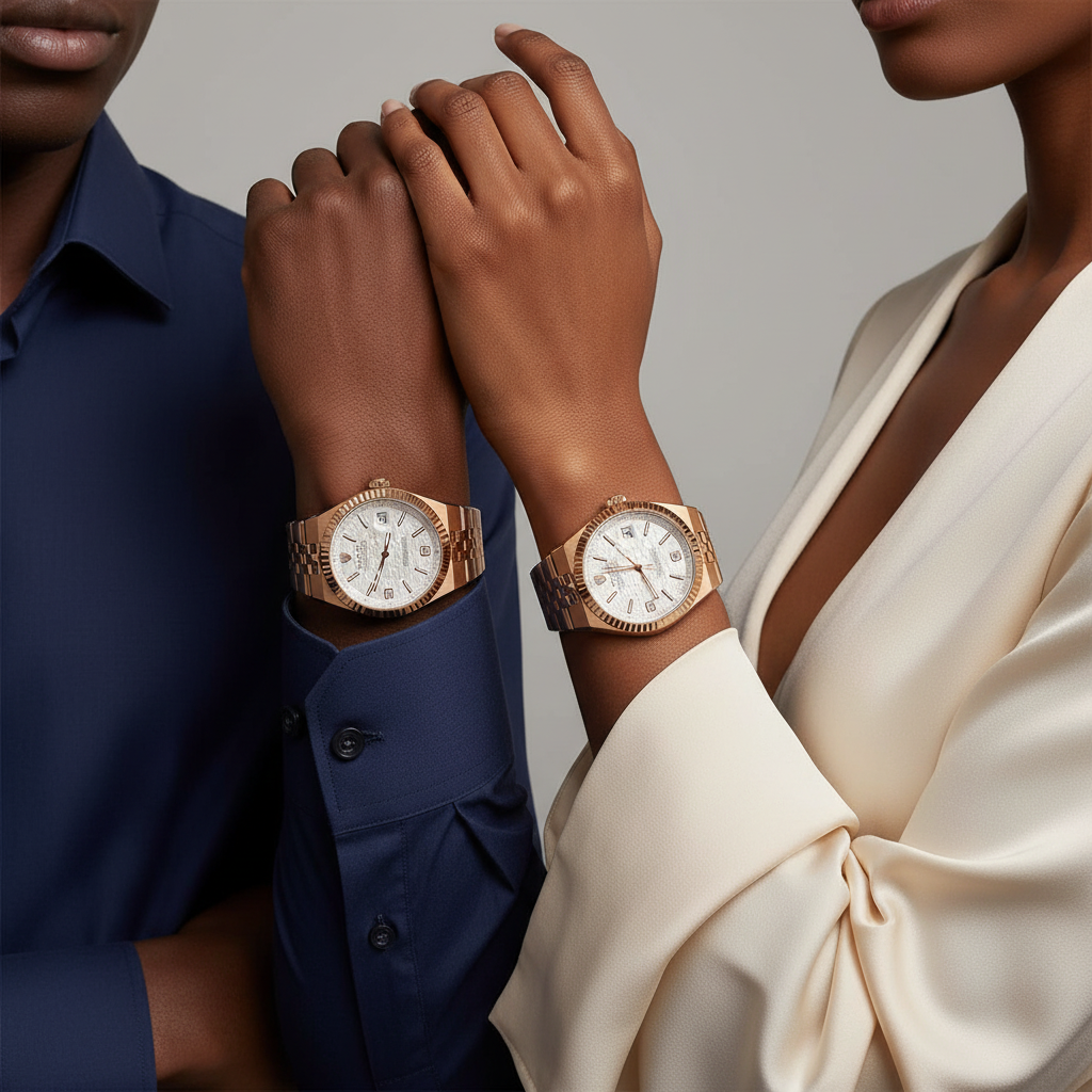 Nigerian male and female model wrist shot — white full rose gold couple watch