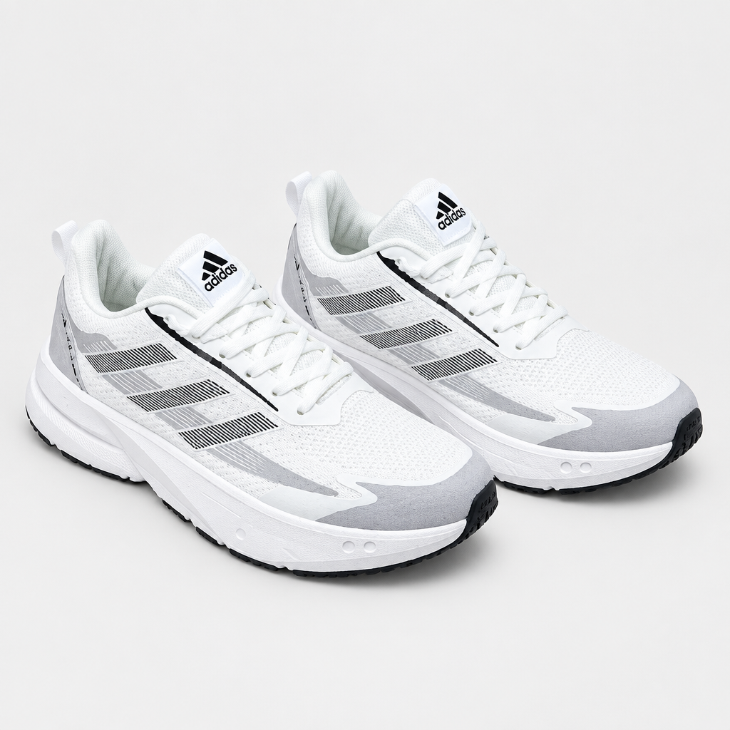 Pair of white mesh running sneakers with gray accents and dark outsoles