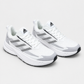 Pair of white mesh running sneakers with gray accents and dark outsoles