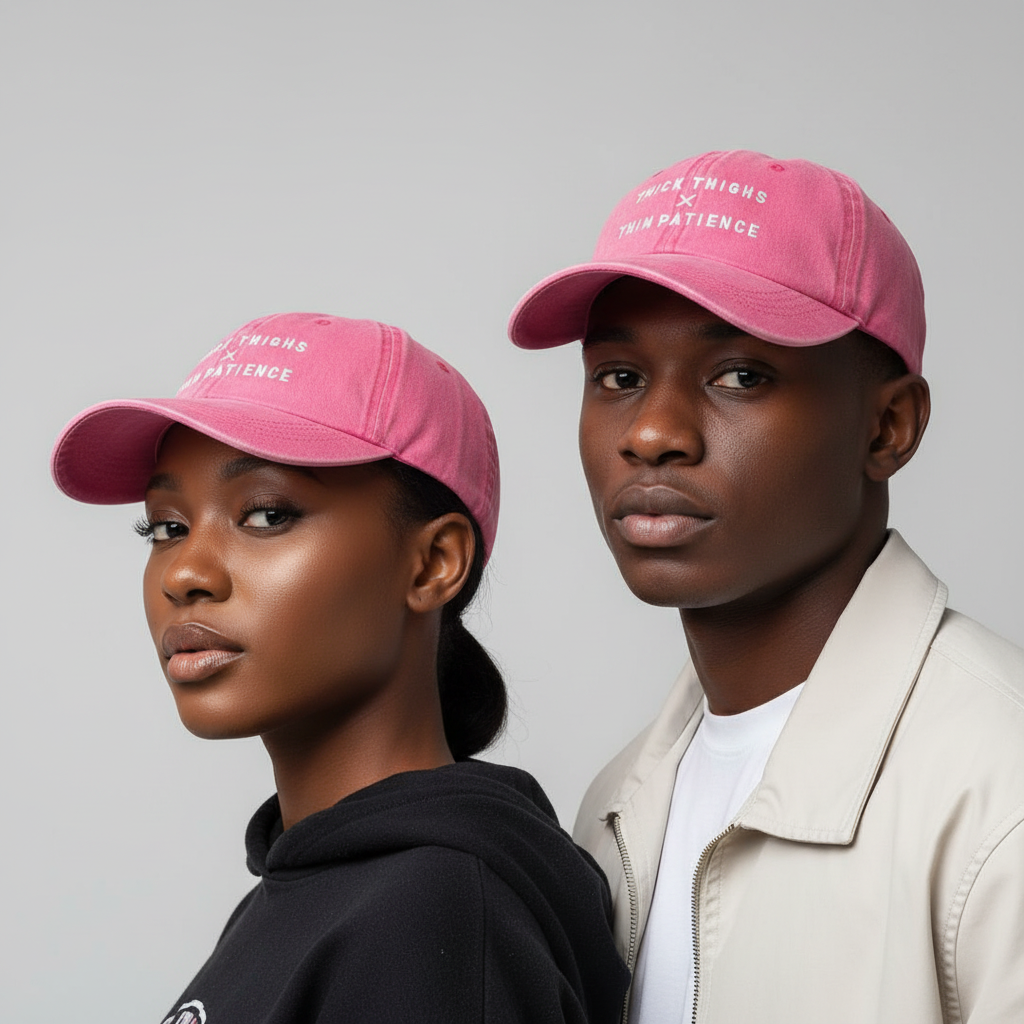 Nigerian Gen Z male and female models wearing washed pink slogan dad cap