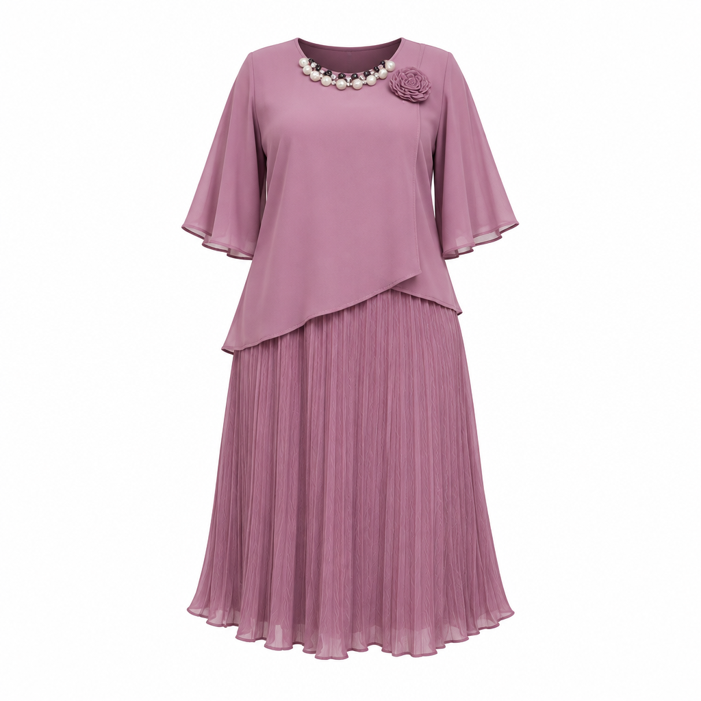 Mauve pleated flutter-sleeve midi dress, ghost mannequin view