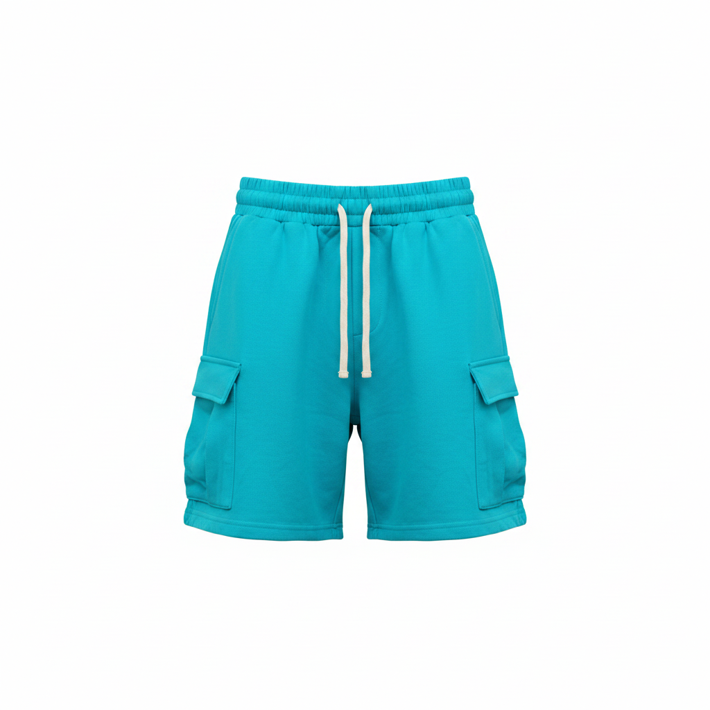 Men's bright aqua dual cargo pocket sweat shorts — ghost mannequin front view