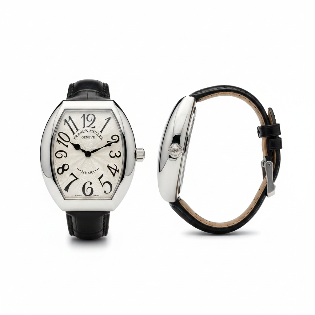 Women's silver tonneau watch cream guilloche dial — ghost mannequin front and side view, black leather strap