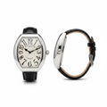 Women's silver tonneau watch cream guilloche dial — ghost mannequin front and side view, black leather strap