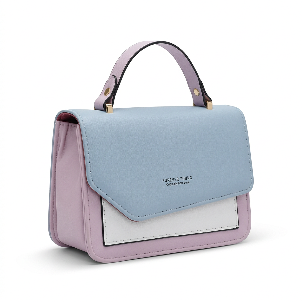 Powder blue lilac and white colour-block top-handle bag on white