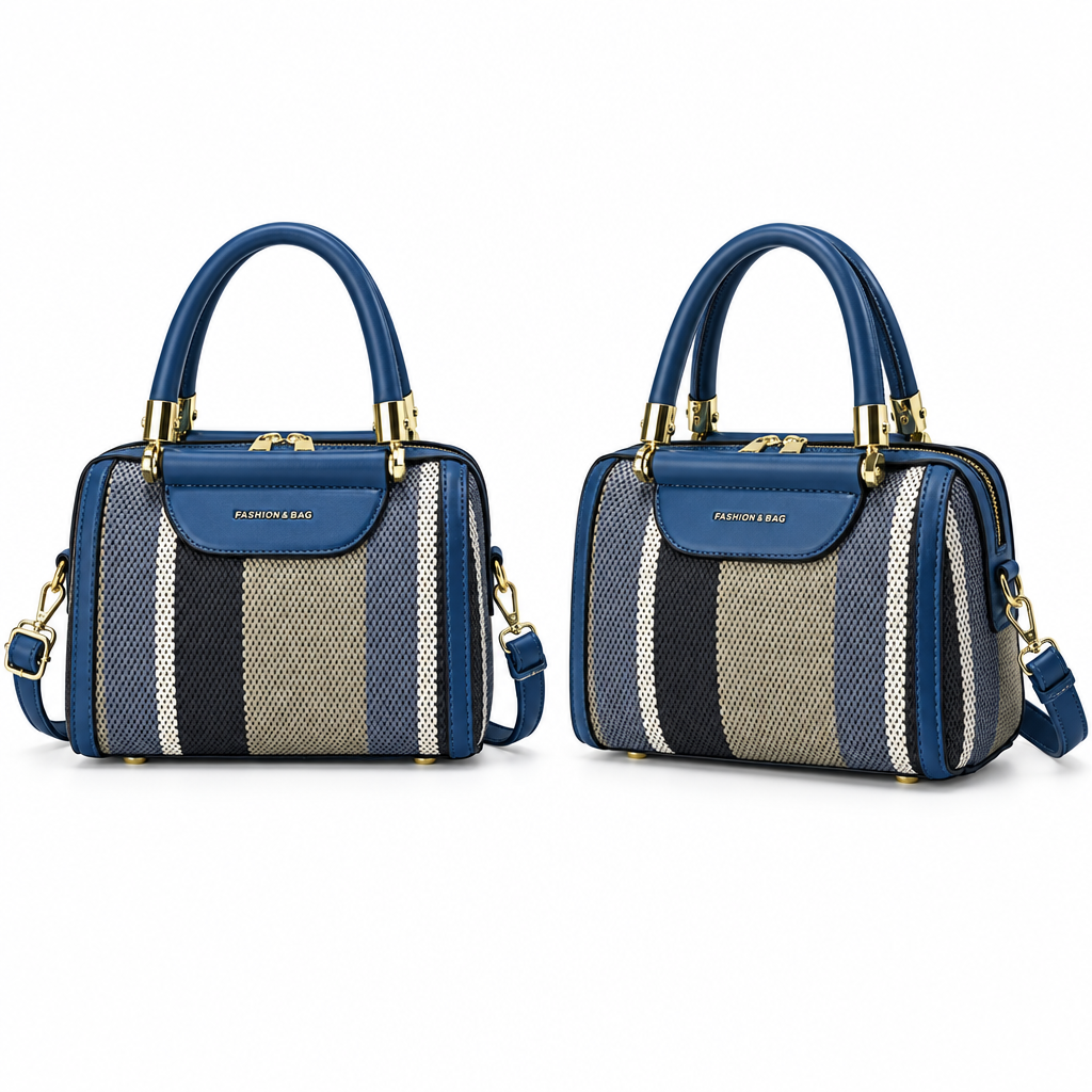 Navy and cream woven-look satchel in front and angled views