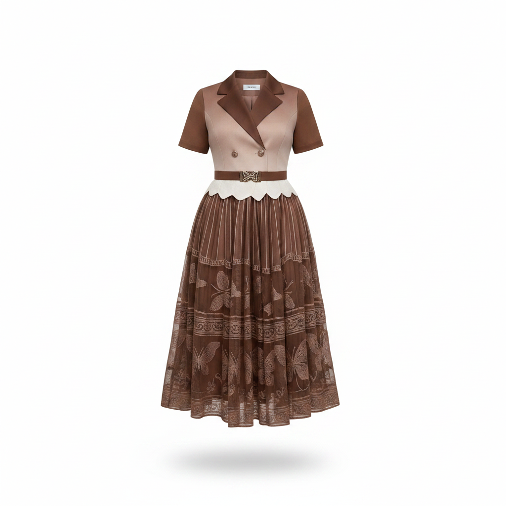Women's Mocha Brown & Cream Blazer Bodice Embroidered Tiered Midi Gown - Ghost Mannequin Front