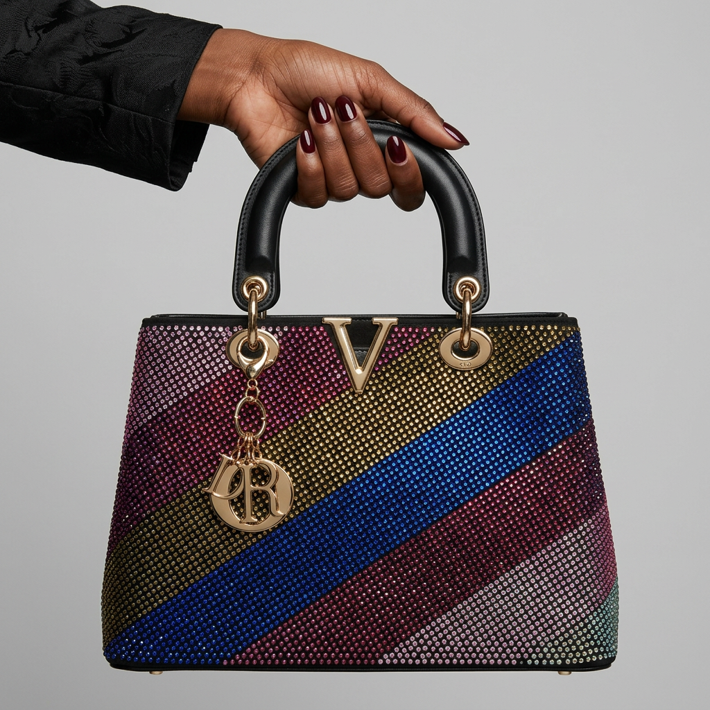 Manicured Black woman's hand holding multicolour diagonal-band handbag