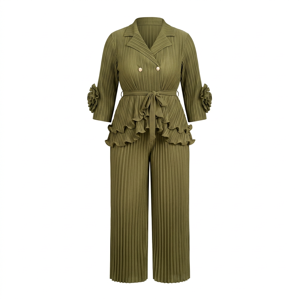 Olive pleated peplum top and wide-leg trouser set on an invisible mannequin