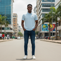 Young Nigerian male model wearing light blue polo shirt, front view, Nigerian urban background