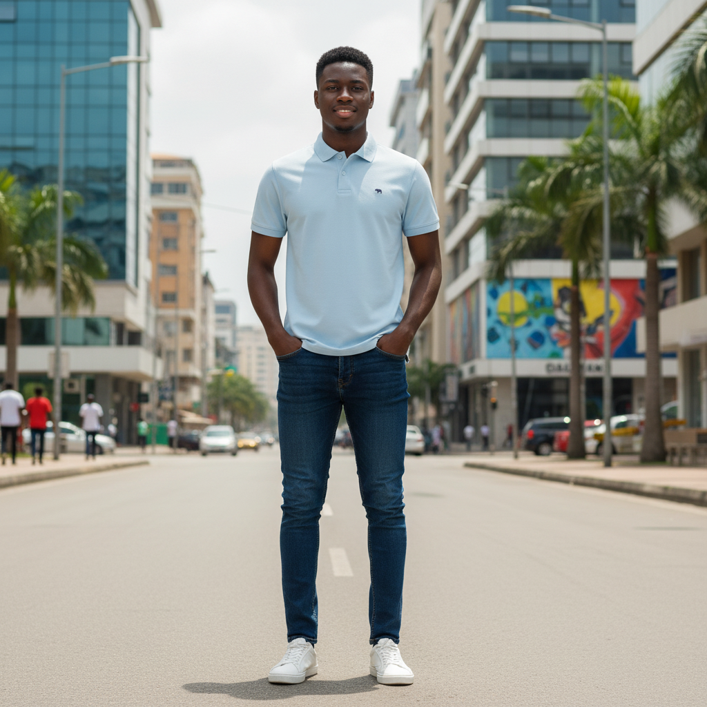 Young Nigerian male model wearing light blue polo shirt, front view, Nigerian urban background