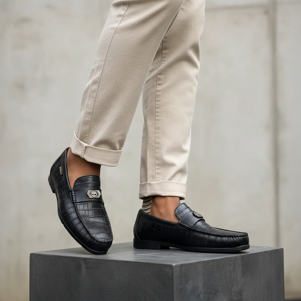 Nigerian male model leg focus shot wearing black croc-embossed medallion loafers