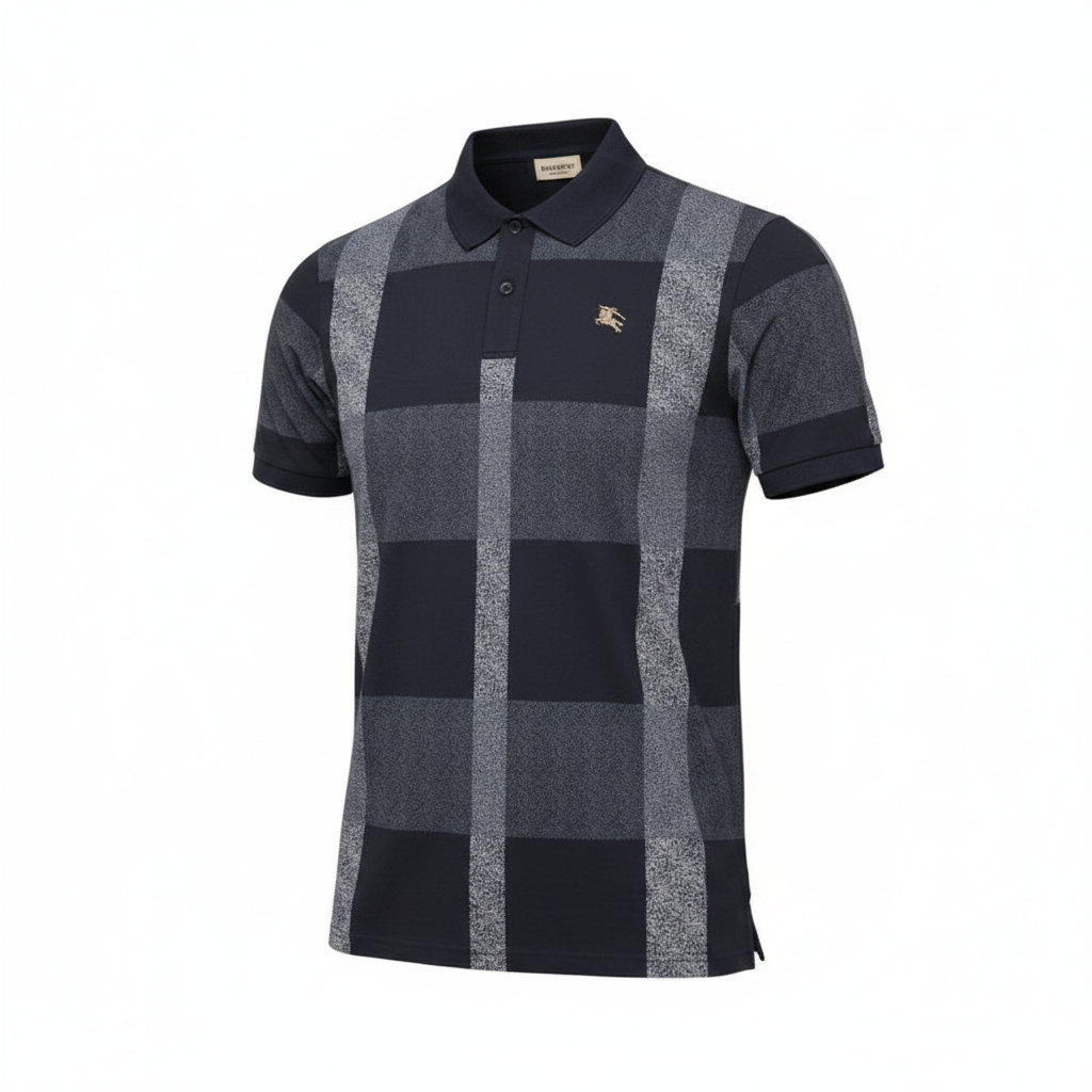 Men's navy and grey large-scale check polo shirt — ghost mannequin view