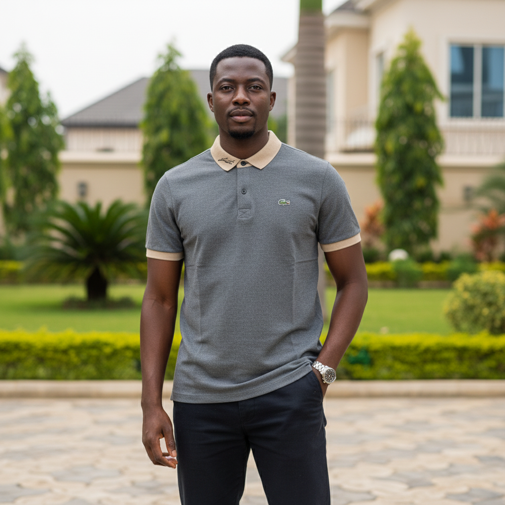 Nigerian male model wearing men's grey polo shirt with cream contrast collar, garden setting
