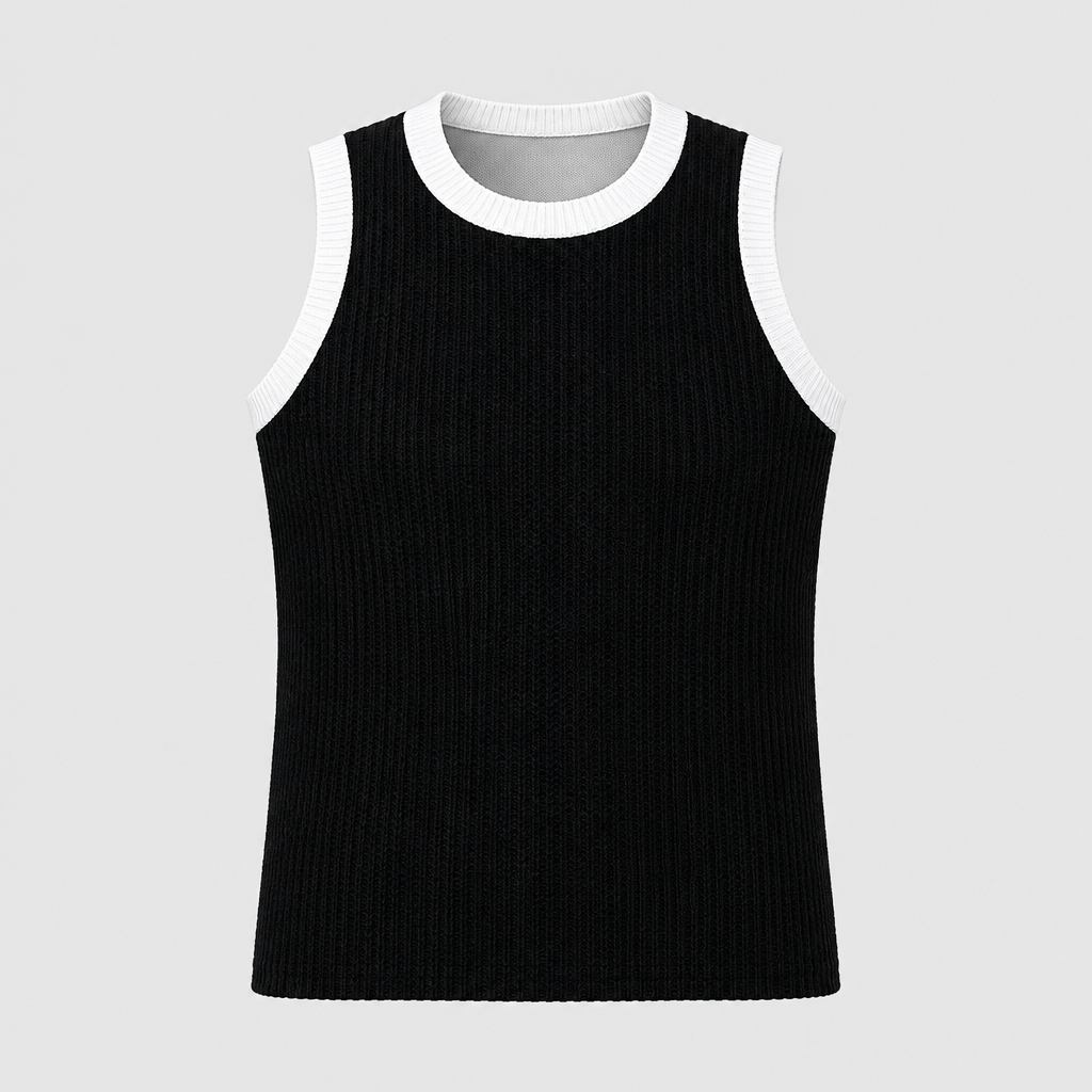 Ghost mannequin view of a black sleeveless tank top with white contrast trim