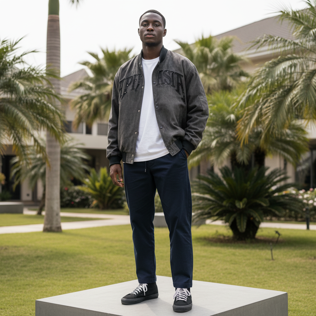 Men's Washed Charcoal Suede-Effect Varsity Bomber Jacket – Nigerian Male Model