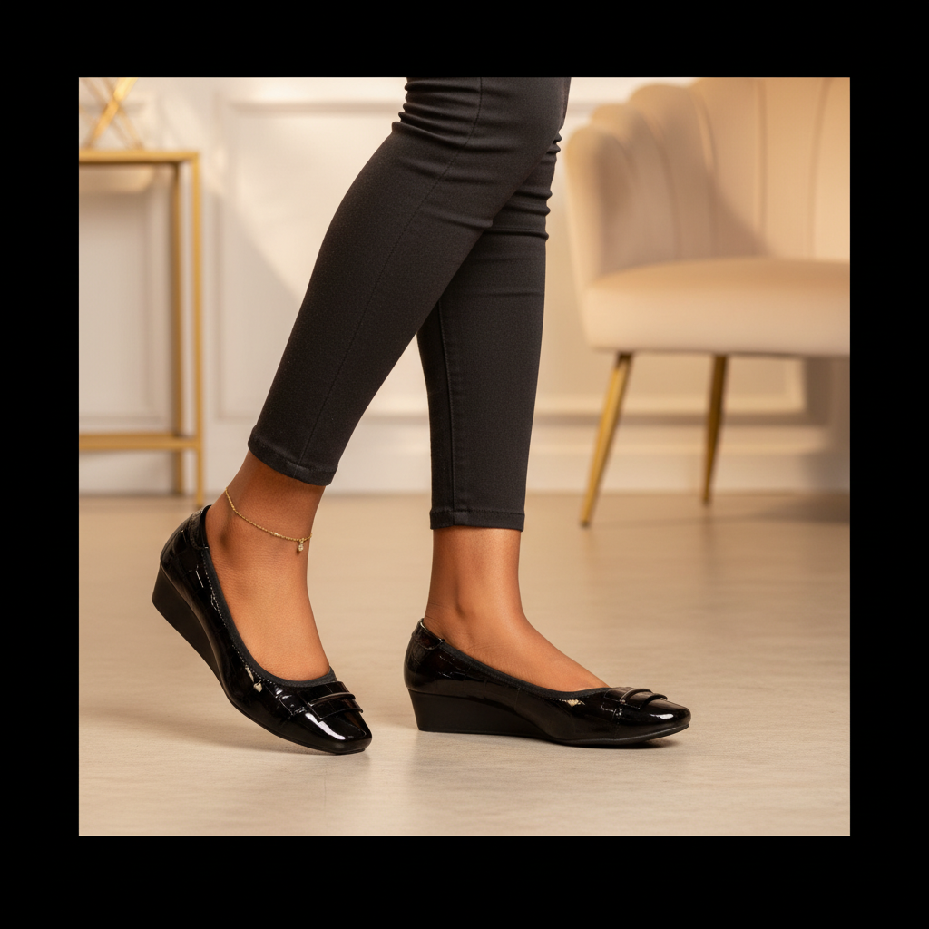 Women's Patent Leather Wedge Ballet Flat - Black - Model Shot