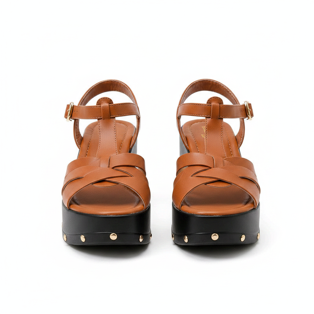 Women's T-Bar Platform Wedge Sandal - Brown Colourway Ghost Mannequin