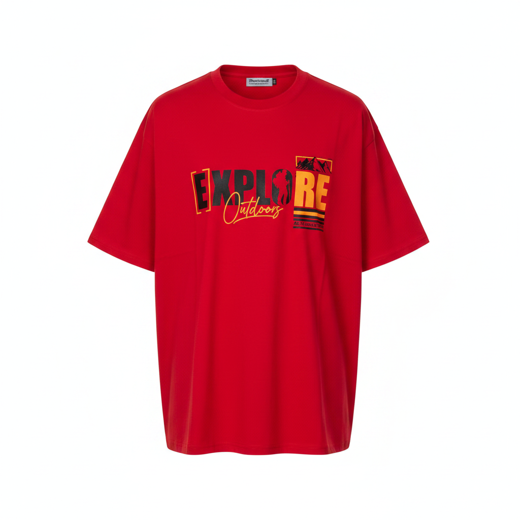 Unisex red explore outdoors graphic oversized tee – ghost mannequin front view