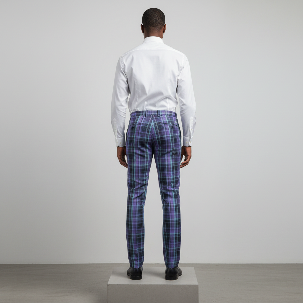 Purple Navy Tartan Trousers – Back Model