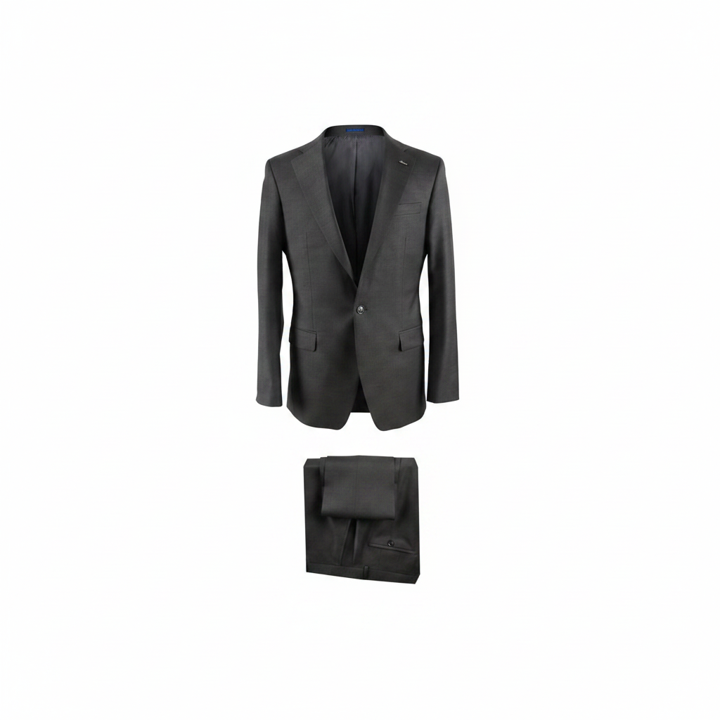 Men's dark charcoal grey 2-piece single-breasted formal suit on ghost mannequin, white background