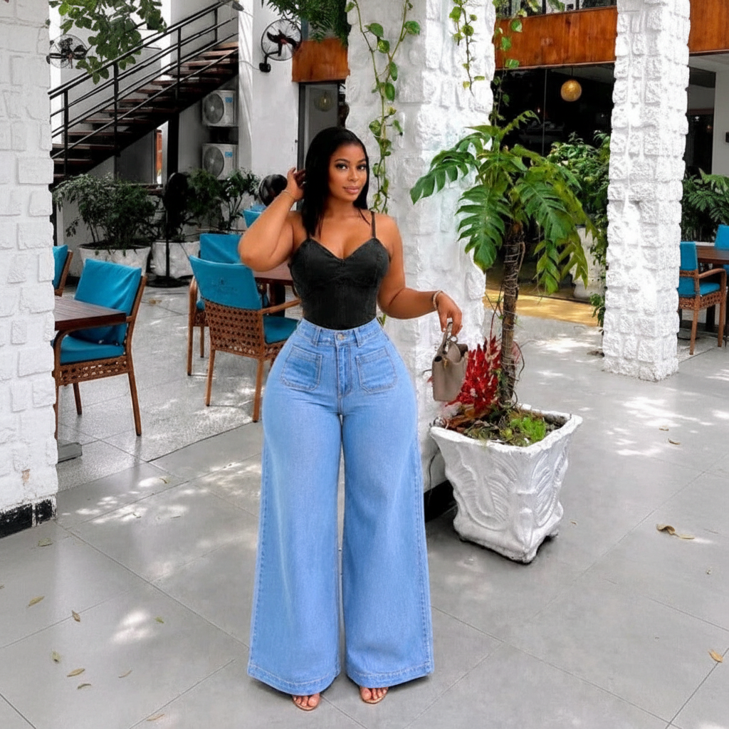 Nigerian female model wearing women's light blue high-waist wide-leg denim jeans, garden setting
