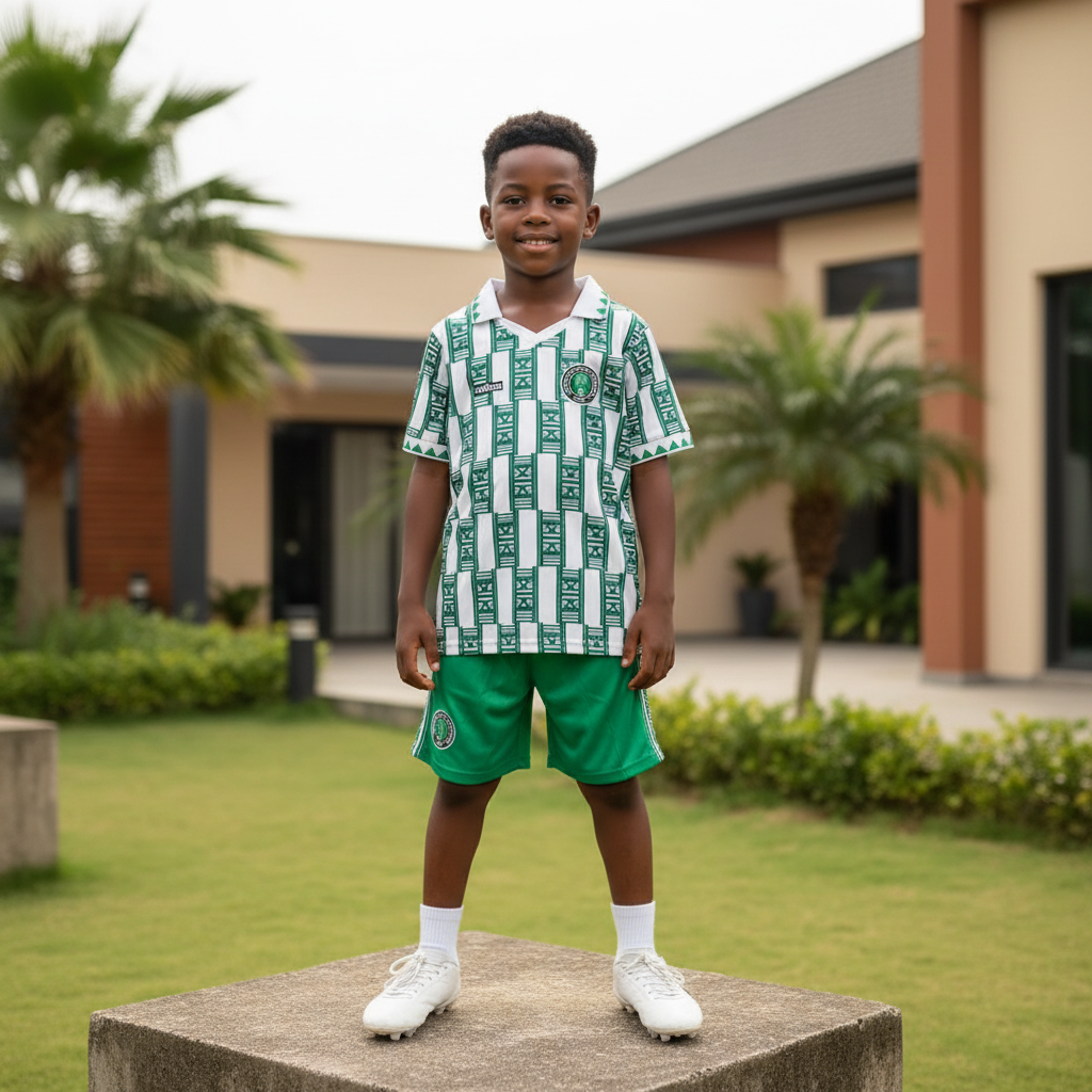Nigerian child model wearing white & green tribal-print football jersey set with white football boots