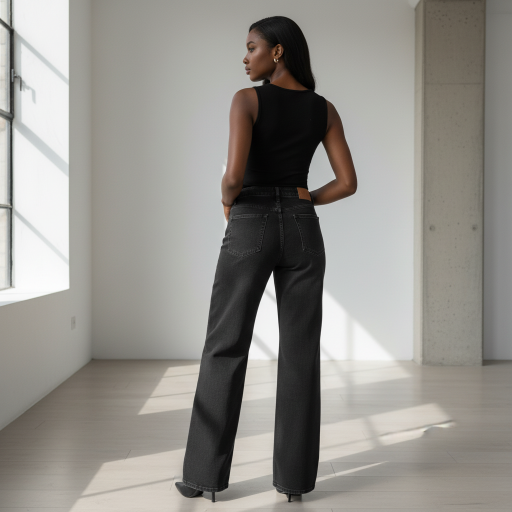 Nigerian female model wearing black wide-leg jeans back view