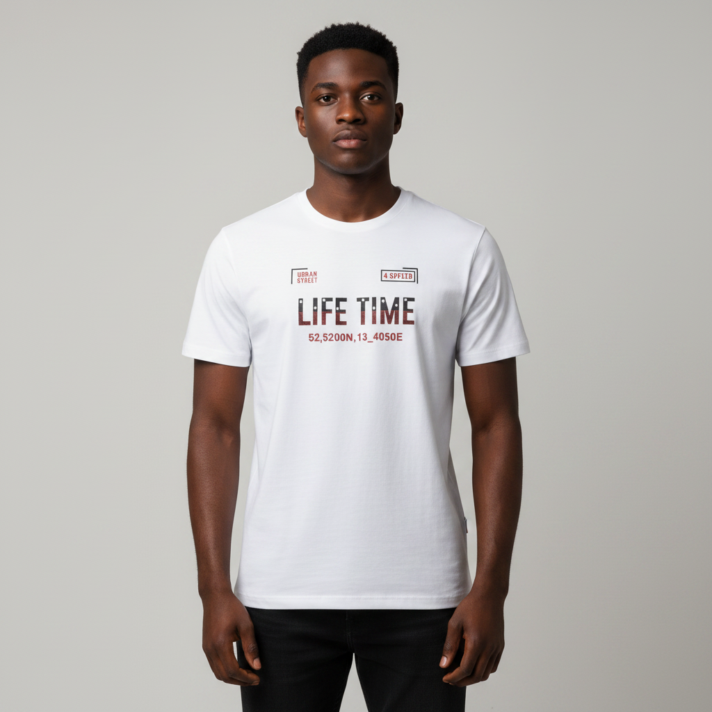 Young Nigerian male wearing white Life Time coordinates graphic crew neck tee