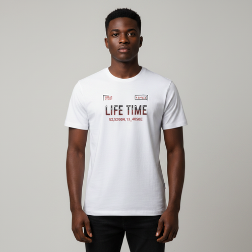 Young Nigerian male wearing white Life Time coordinates graphic crew neck tee