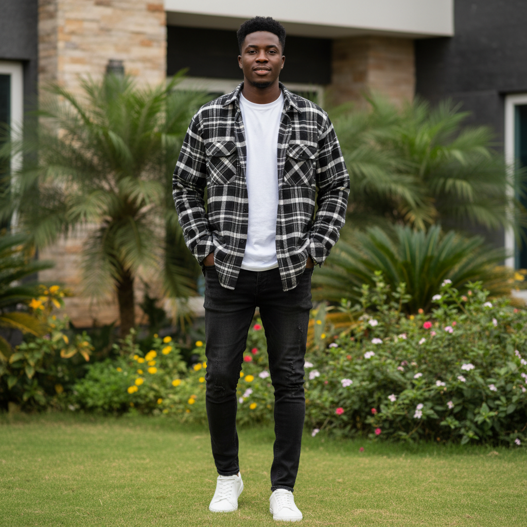 Young Nigerian male wearing black and white plaid flannel long sleeve shirt