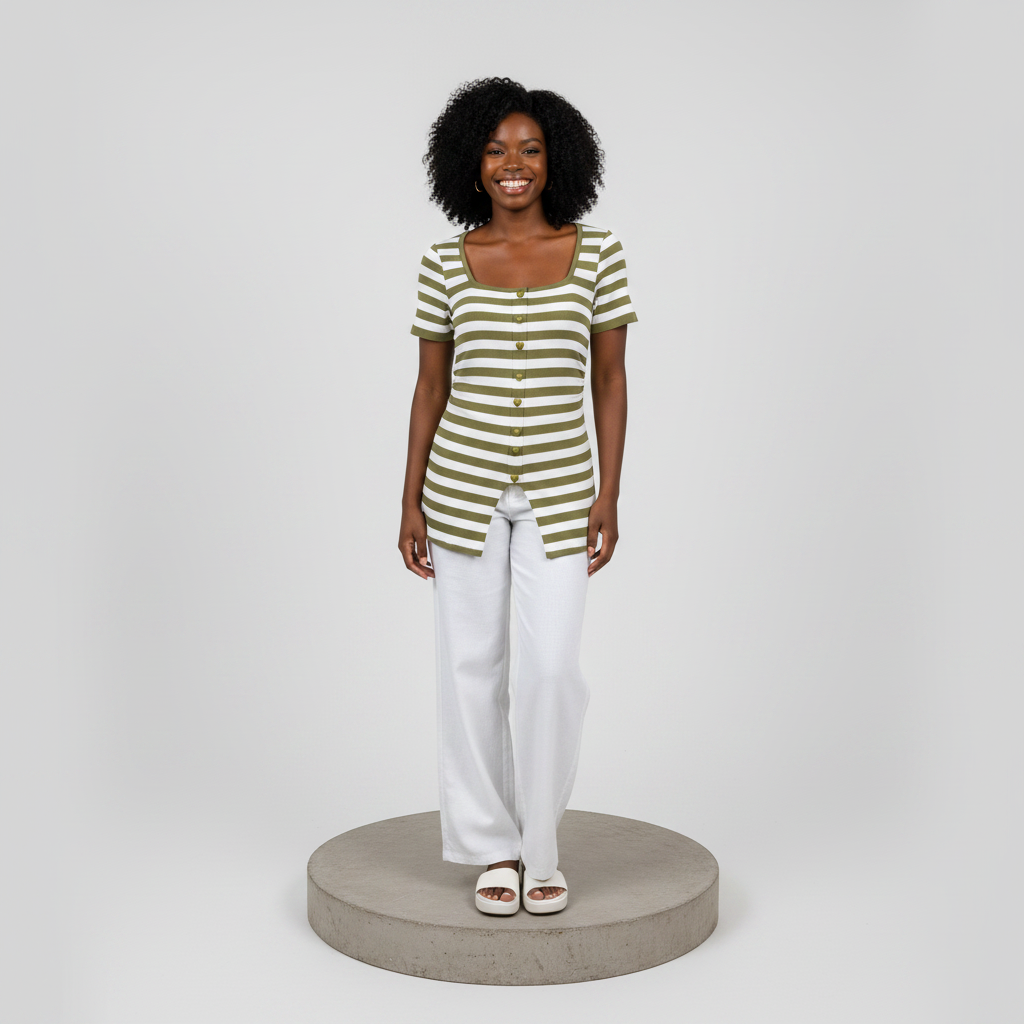 Olive Striped Ribbed Tunic Top - Model Front View