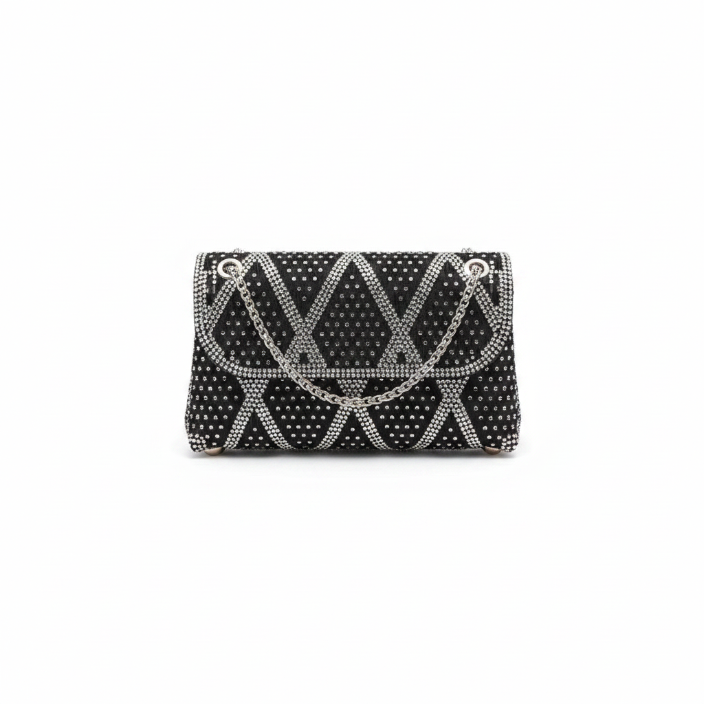 Enemuo Crystal Geo Flap Chain Clutch in Black – ghost mannequin on white background