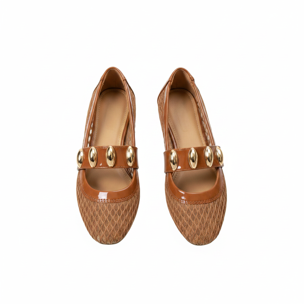 Women's Mesh Gold-Embellished Flat Ballet Pump - Brown Ghost Mannequin