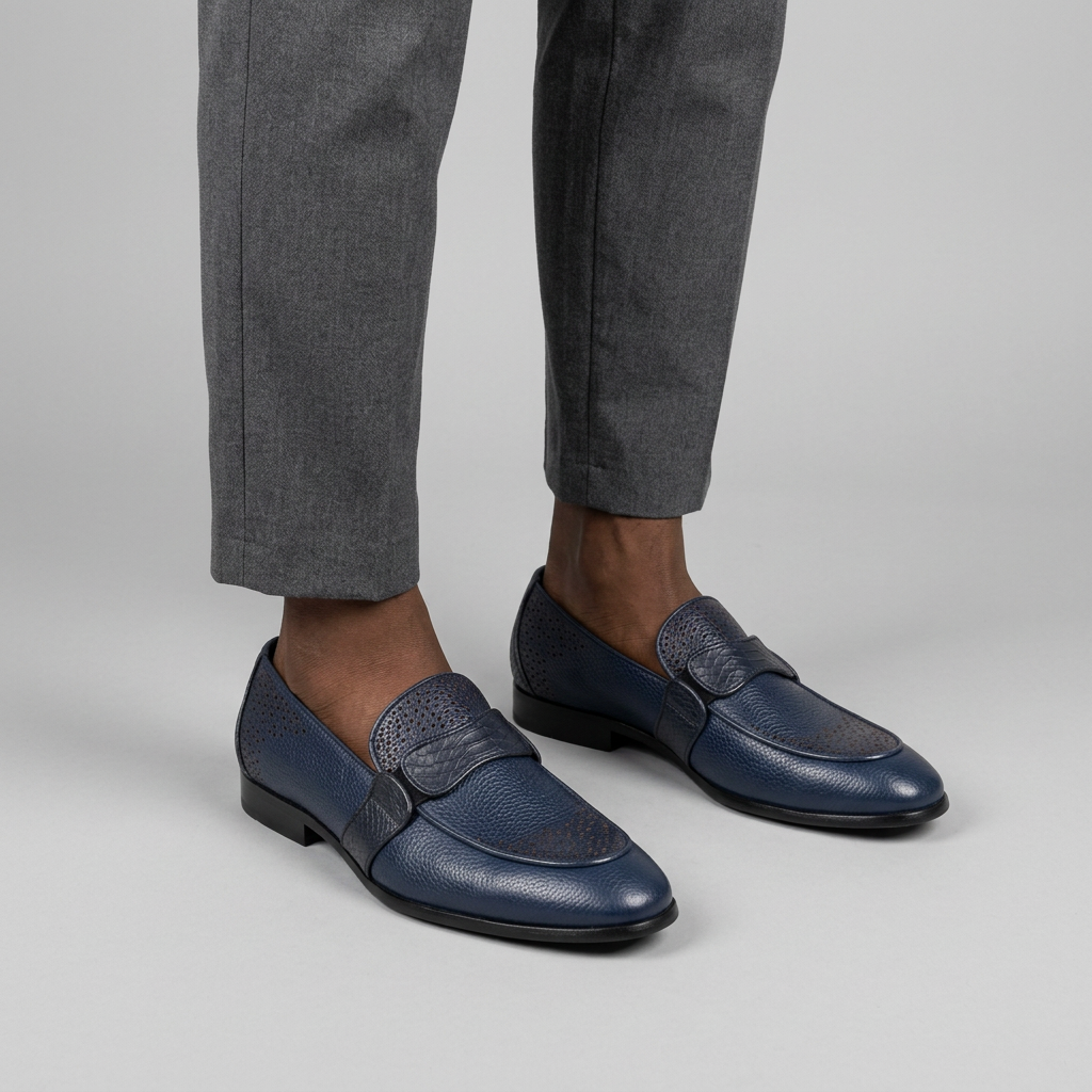 Man wearing navy leather loafers with perforated detailing on a plain studio background