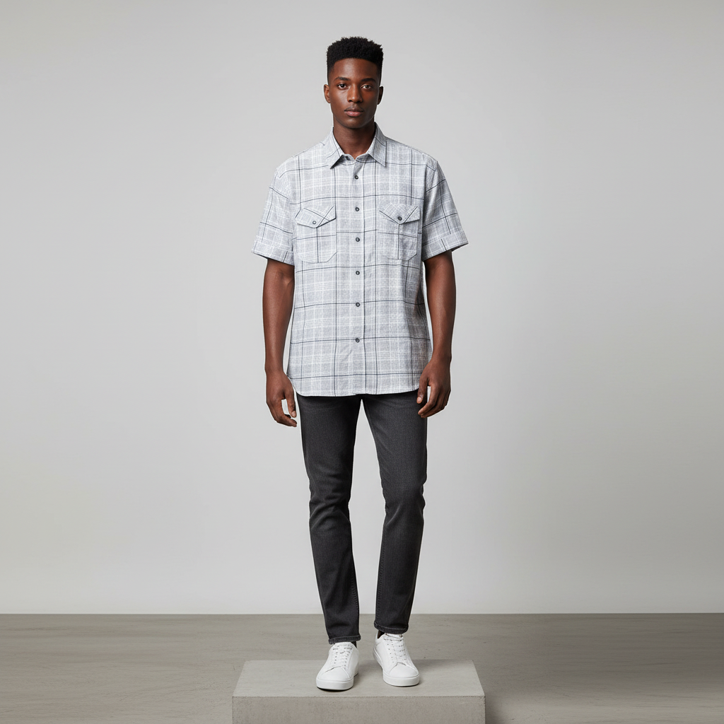Nigerian male model wearing grey and white plaid short-sleeved shirt