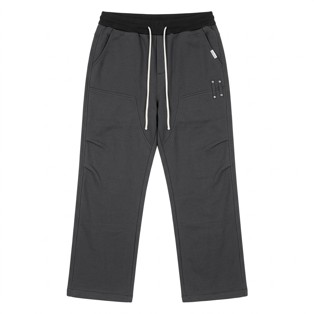 Men’s charcoal grey joggers with white drawstrings and front pocket detailing, generated ghost mannequin view
