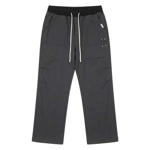 Men’s charcoal grey joggers with white drawstrings and front pocket detailing, generated ghost mannequin view