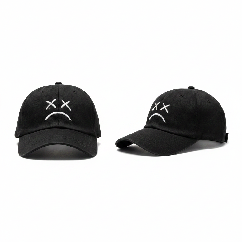 Black dad cap with white XX dead eyes frown embroidery – ghost mannequin front and side view