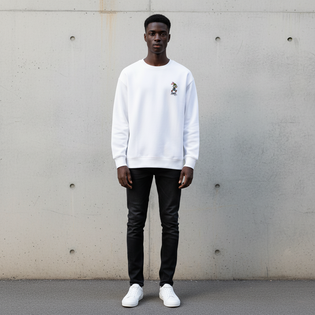 Male model wearing white BATES bunny sweatshirt small chest logo