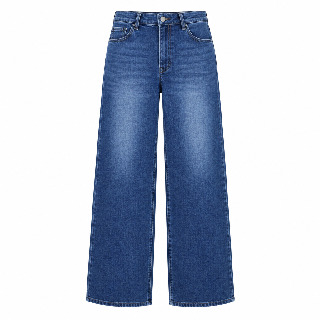 Women's mid-blue faded wide-leg jeans on an invisible mannequin against white