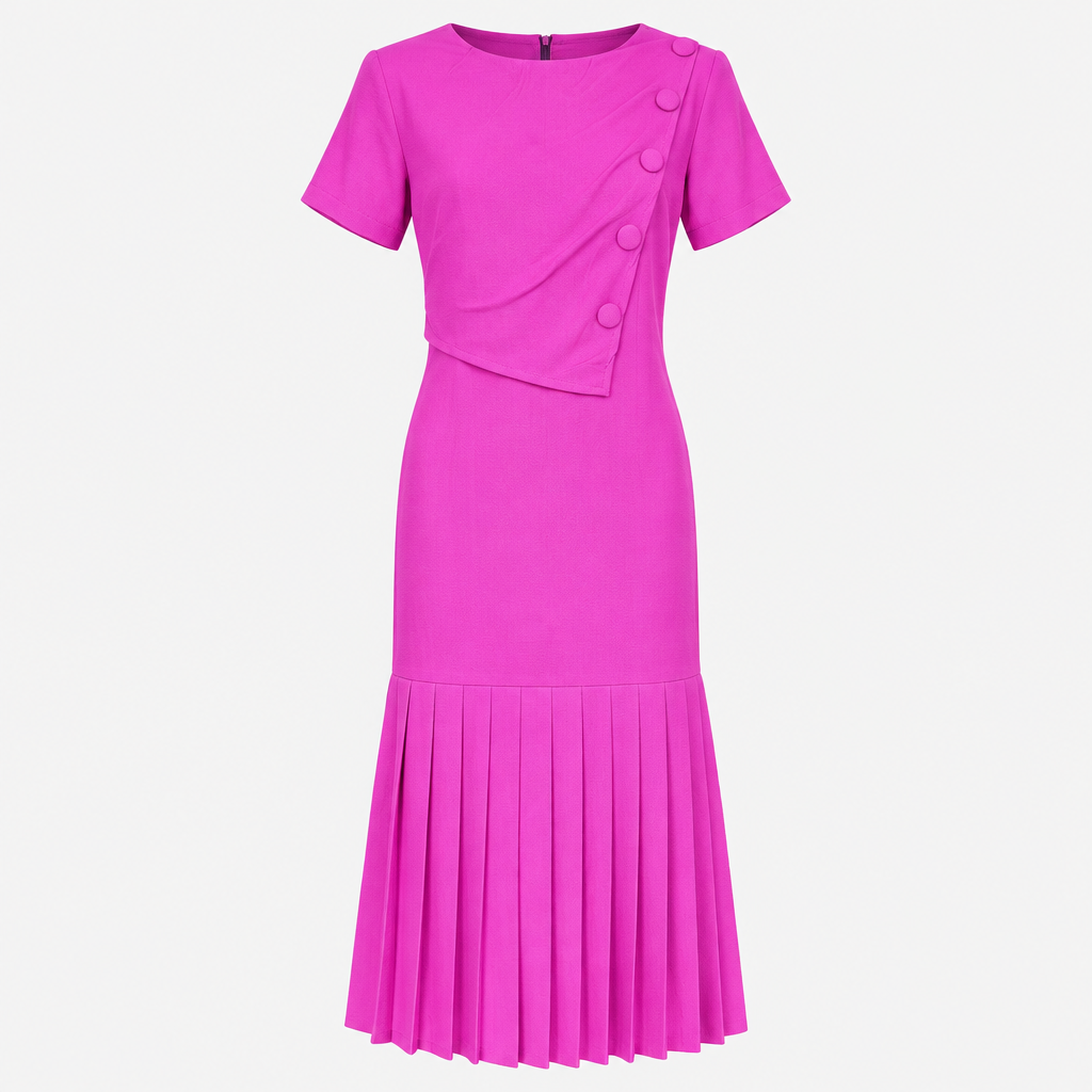 Magenta pink asymmetric button midi dress with pleated hem on invisible mannequin