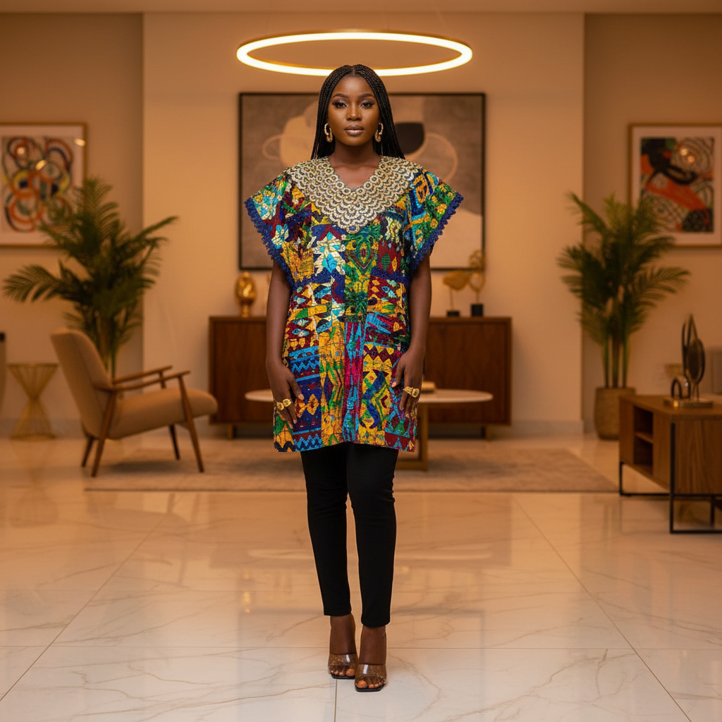 Multicolour Ankara Geometric Kaftan Top – Model Shot