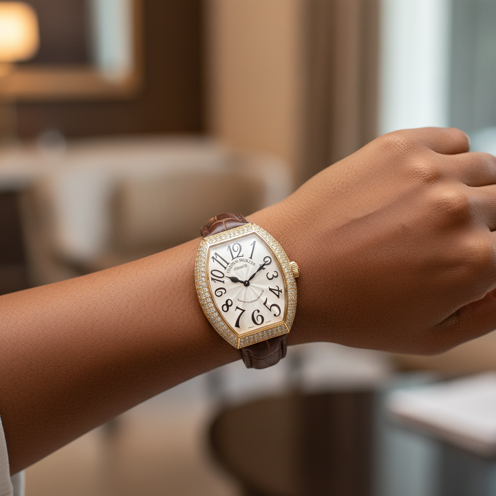 Women's gold oversized diamond bezel white dial tonneau watch worn on Nigerian model wrist — brown strap lifestyle wrist shot