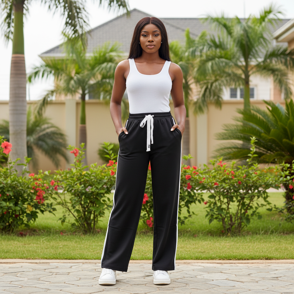 Women's black wide-leg drawstring white side stripe trousers - model shot