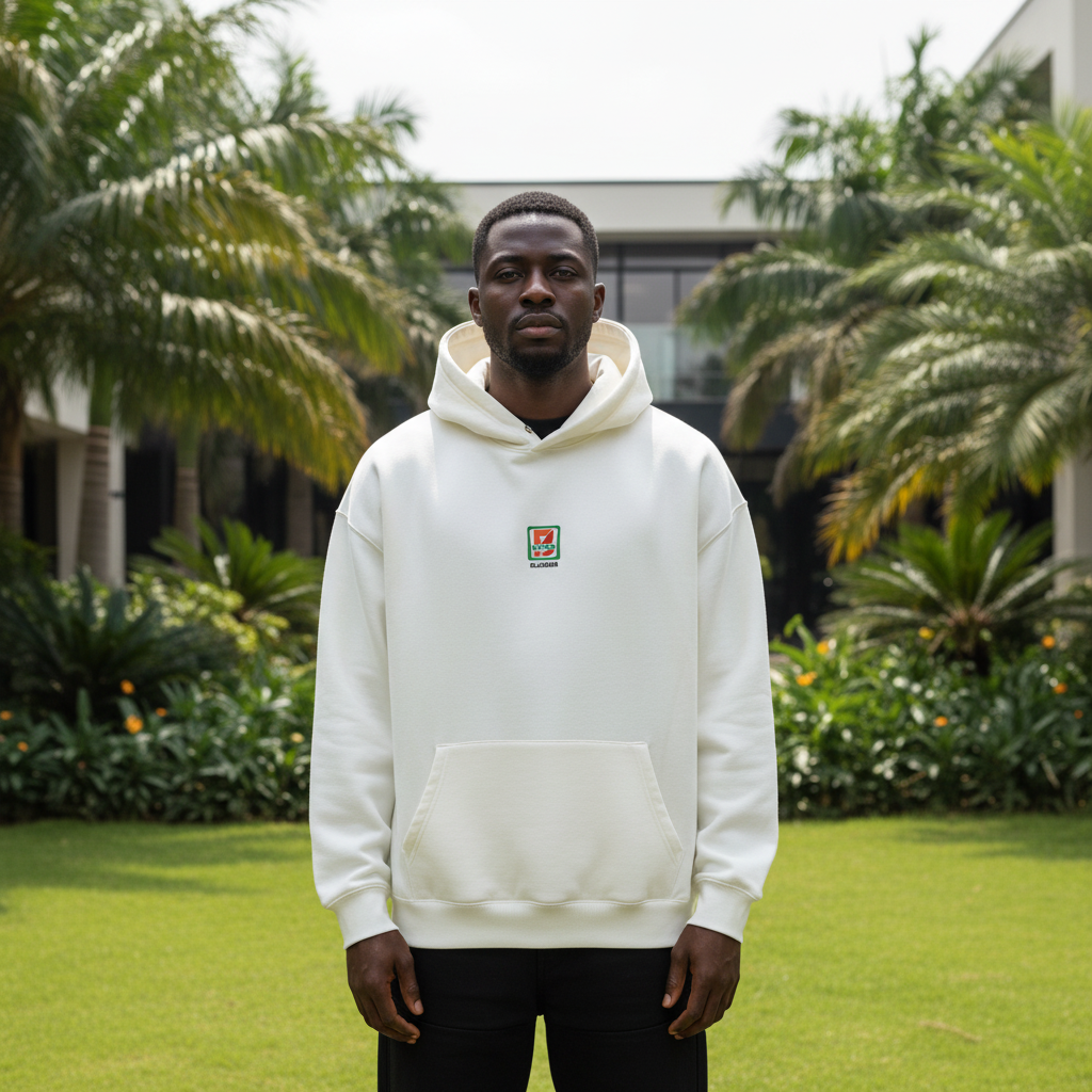White Blackair centered logo hoodie front view on Nigerian male model