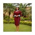 Women's Burgundy & Light Blue Contrast-Trim Button-Detail Midi Dress – Nigerian Female Model