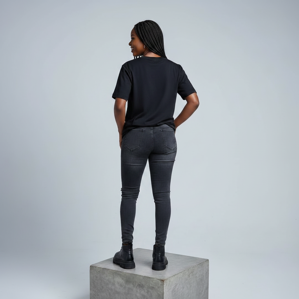 Nigerian female model back view wearing plain black T-shirt - consistent model